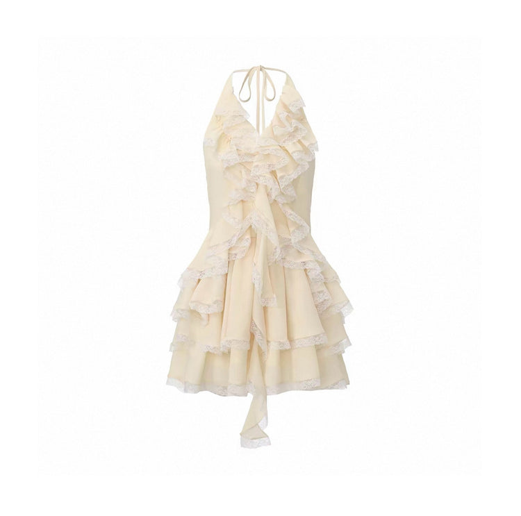 Lace-paneled Multi-layer Ruffle Halter Dress