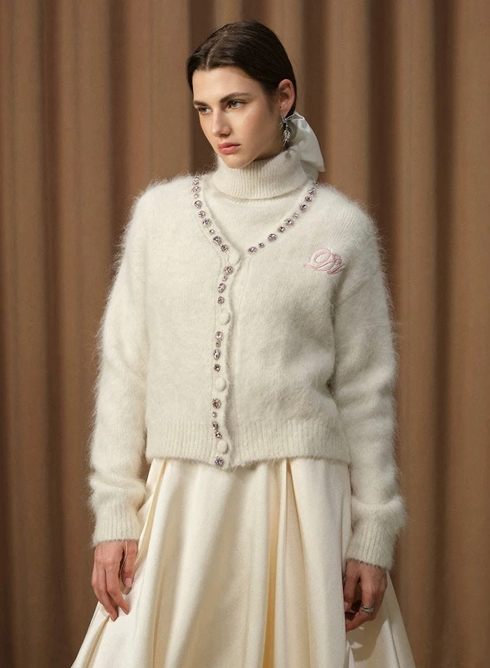 Diamond-Embellished Cloud-Feel Knit Cardigan