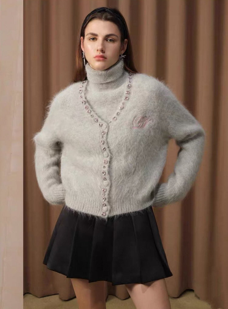 Diamond-Embellished Cloud-Feel Knit Cardigan