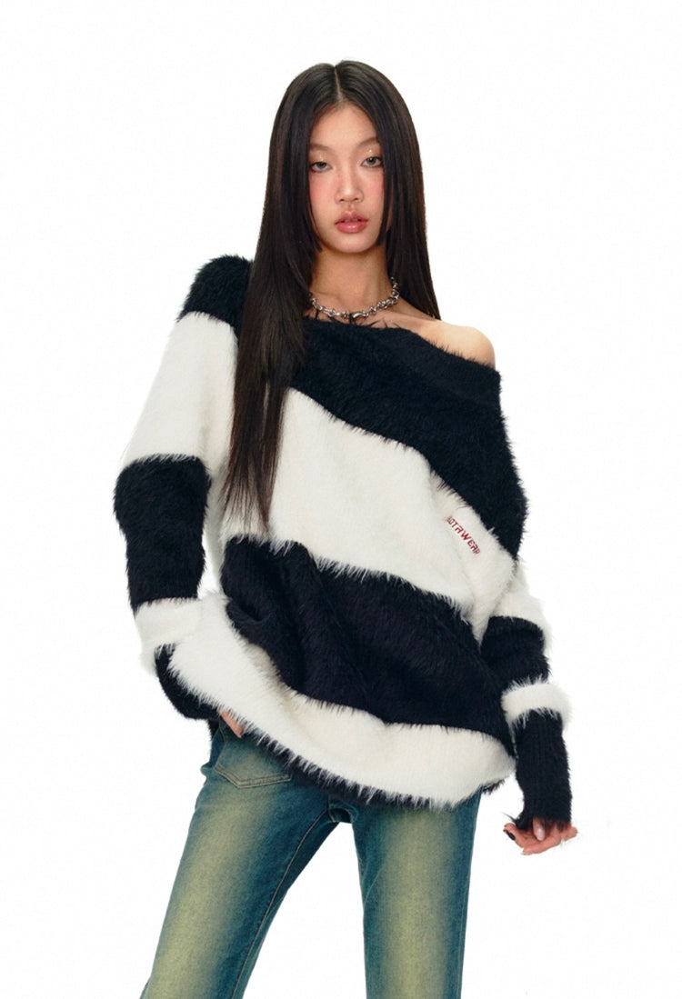 Screening Room - Adjustable Zipper Black and White Striped Sweater