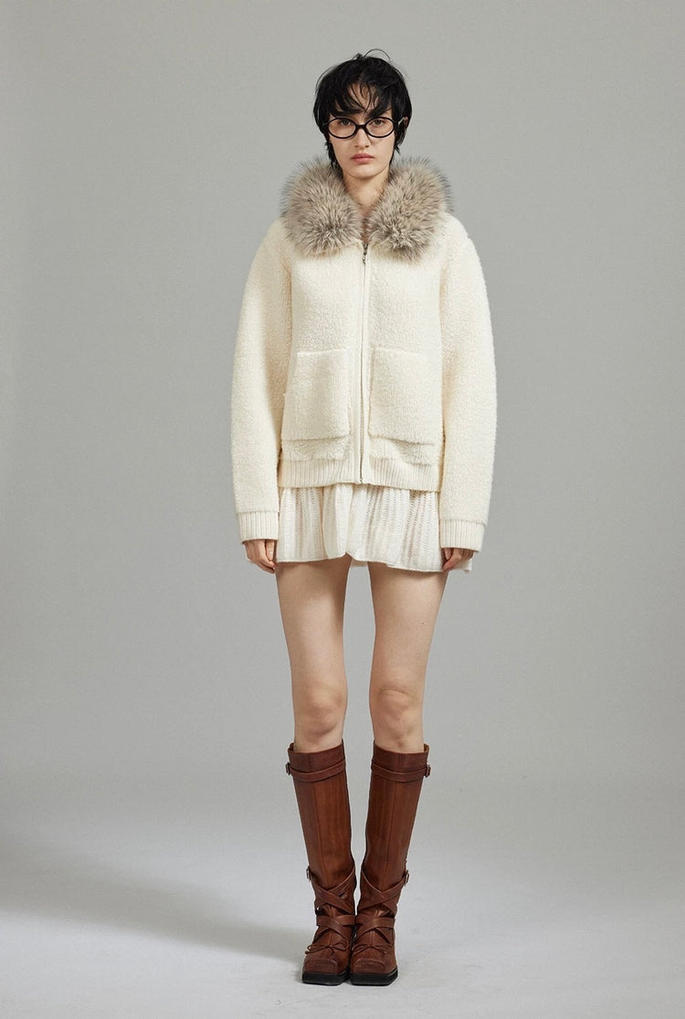 Fur Collar Cropped Wool Coat