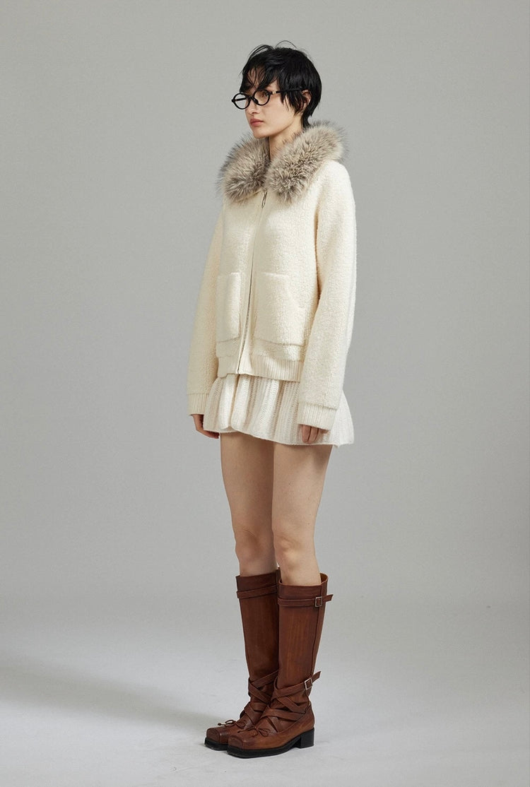 Fur Collar Cropped Wool Coat