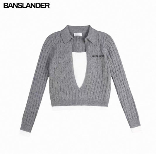 Deep V-Neck Patchwork Collared Sweater