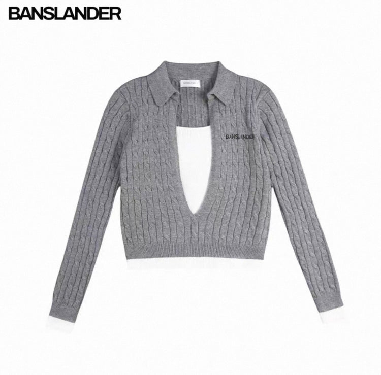 Deep V-Neck Patchwork Collared Sweater