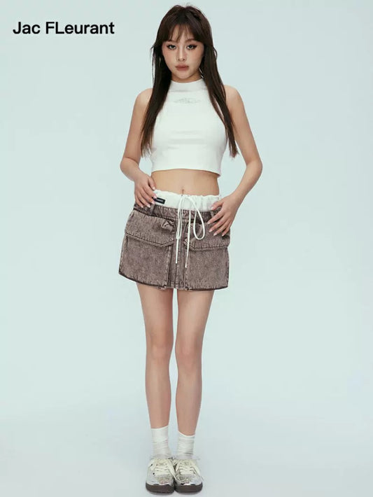 Washed Spliced Satin Denim Skirt