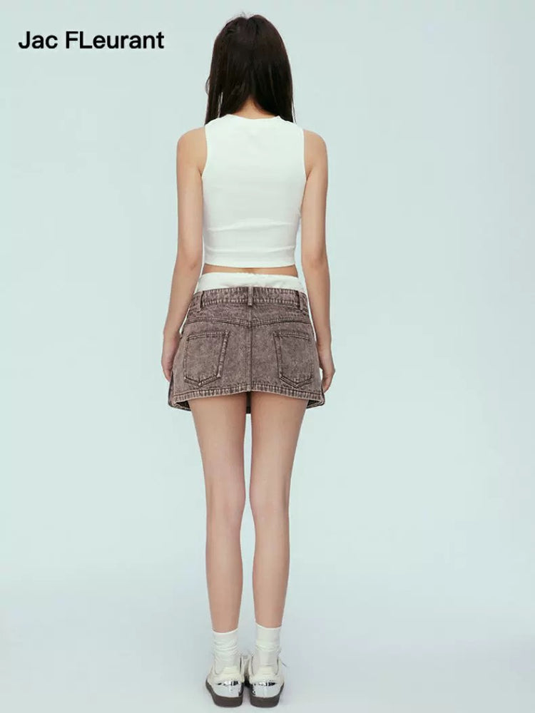 Washed Spliced Satin Denim Skirt