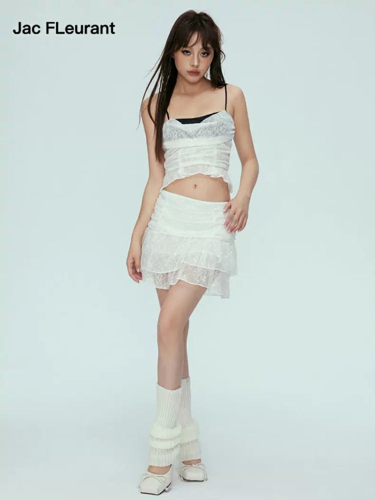 Lace Chiffon Pleated Short Skirt