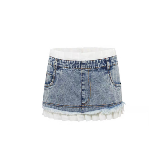 Denim Pleated Patchwork Mini Skirt