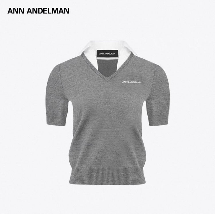 V-neck short-sleeve knit pullover