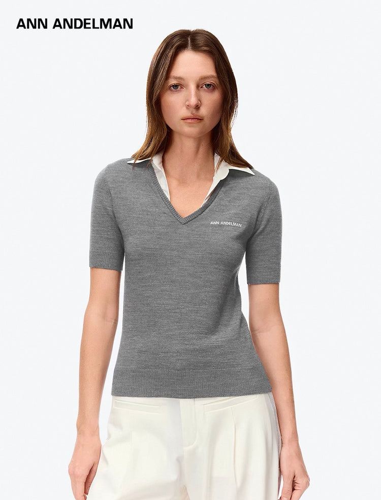 V-neck short-sleeve knit pullover