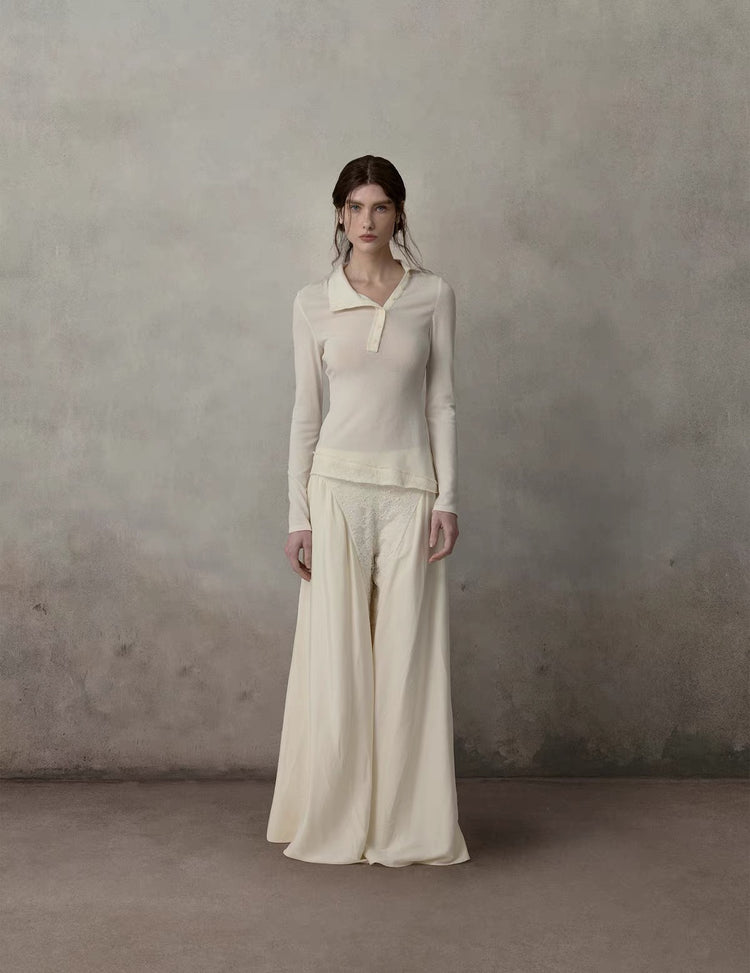 Lace Panelled Asymmetric Collar Top