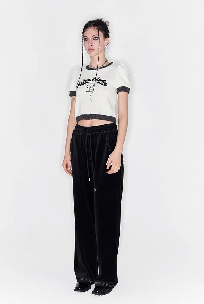 Letter Print Velvet Wide-Leg Pants