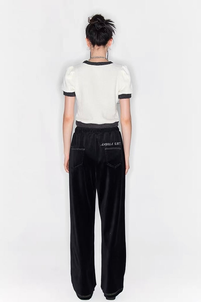 Letter Print Velvet Wide-Leg Pants