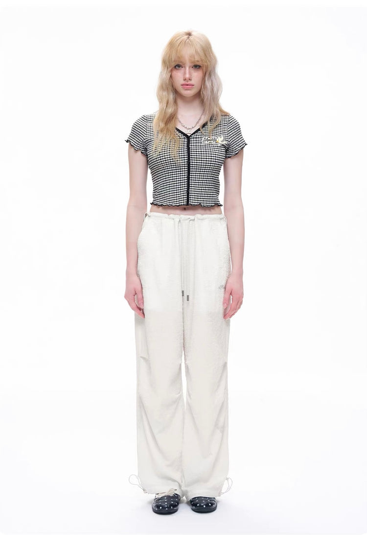 Textured Drawstring High-Waisted Casual Pants