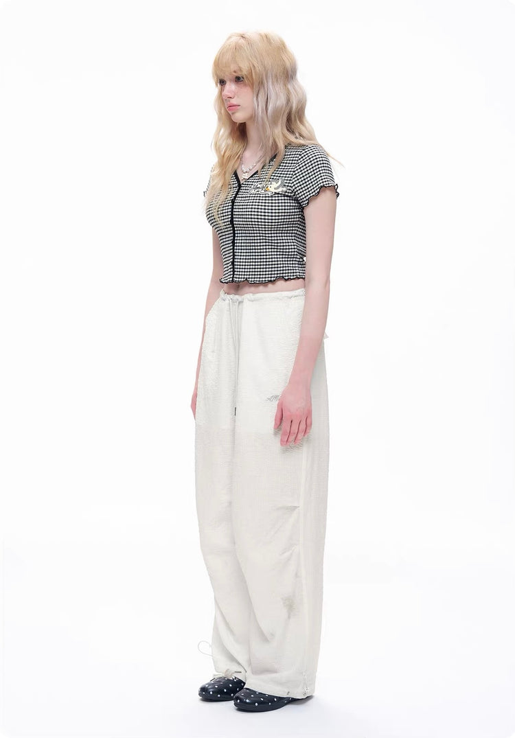 Textured Drawstring High-Waisted Casual Pants