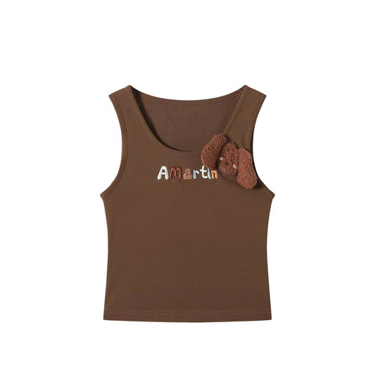 Plush Dog Appliqué U-Neck Tank Top