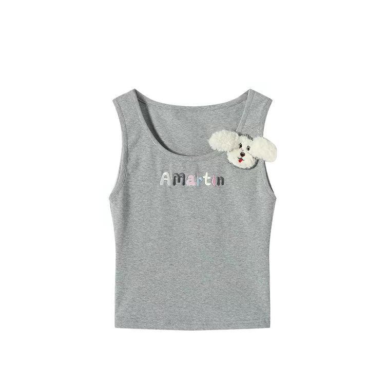 Plush Dog Appliqué U-Neck Tank Top