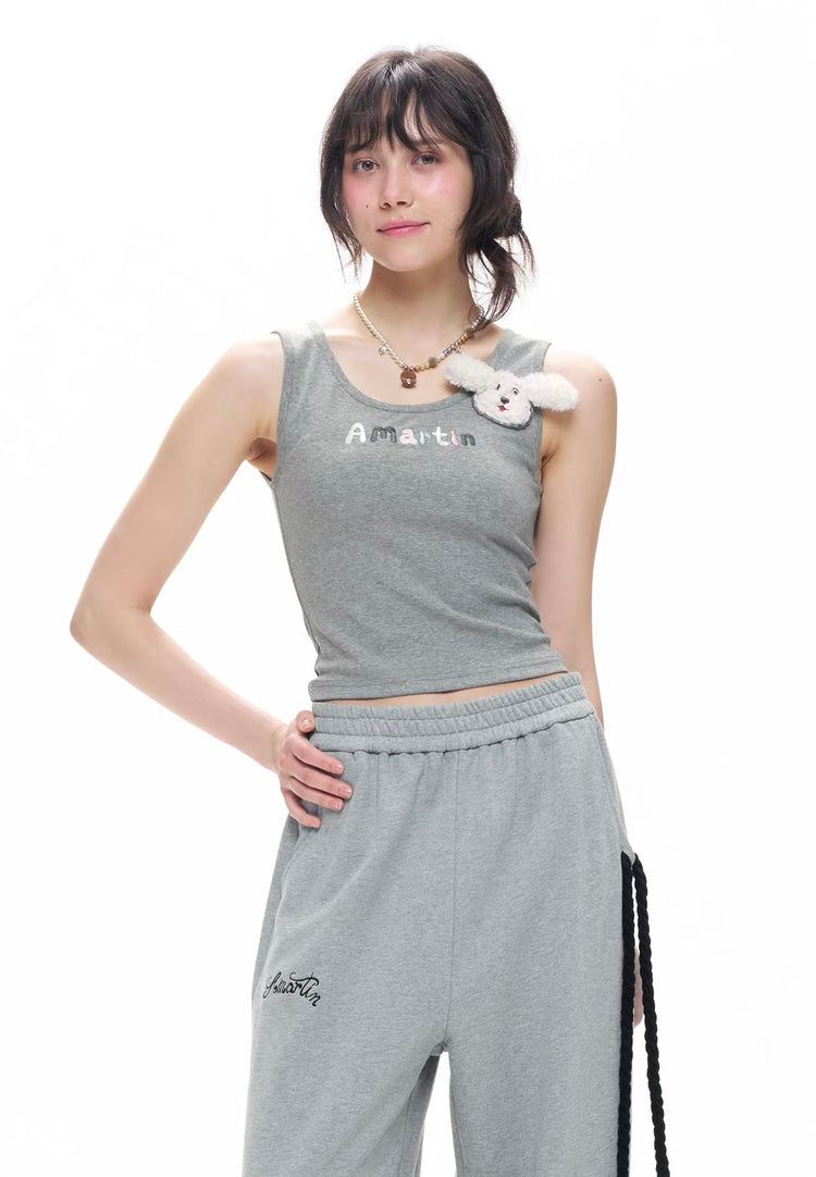 Plush Dog Appliqué U-Neck Tank Top