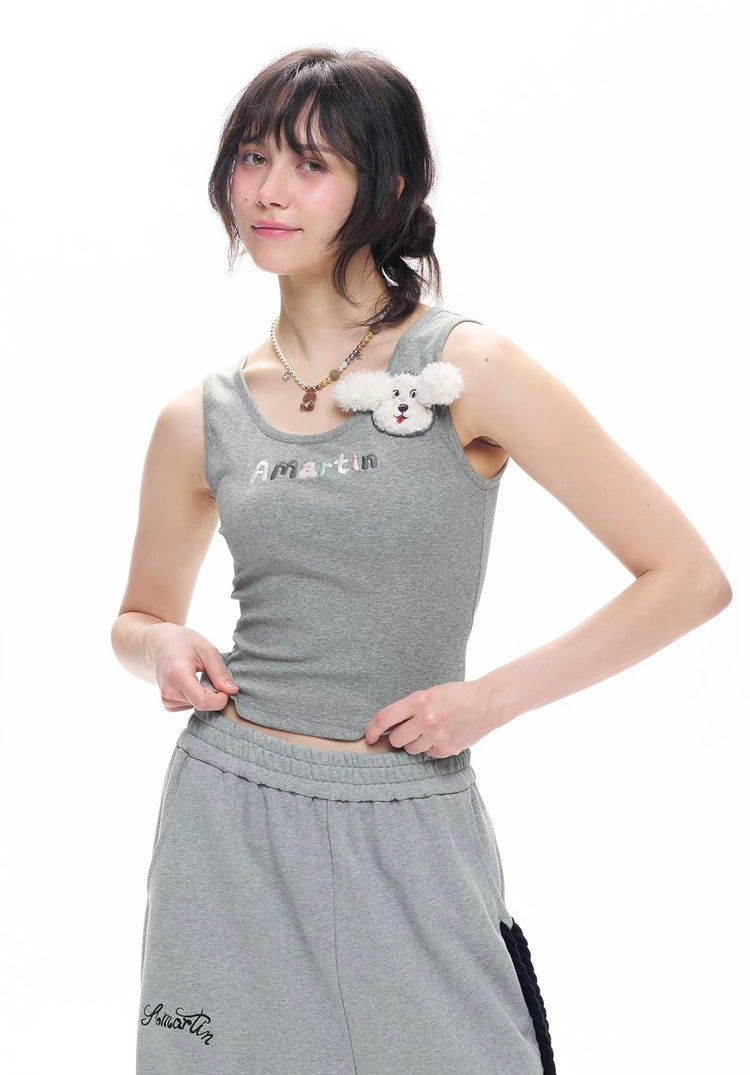 Plush Dog Appliqué U-Neck Tank Top