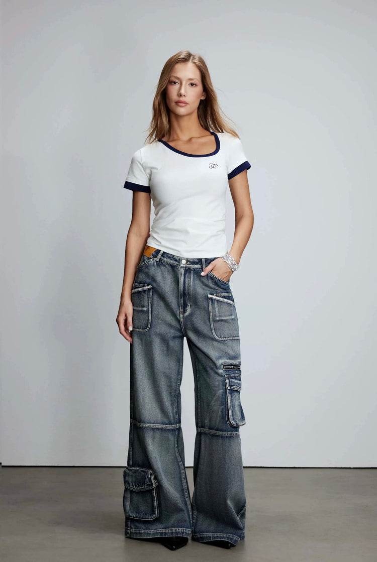 Color-Block Asymmetrical Neckline T-Shirt