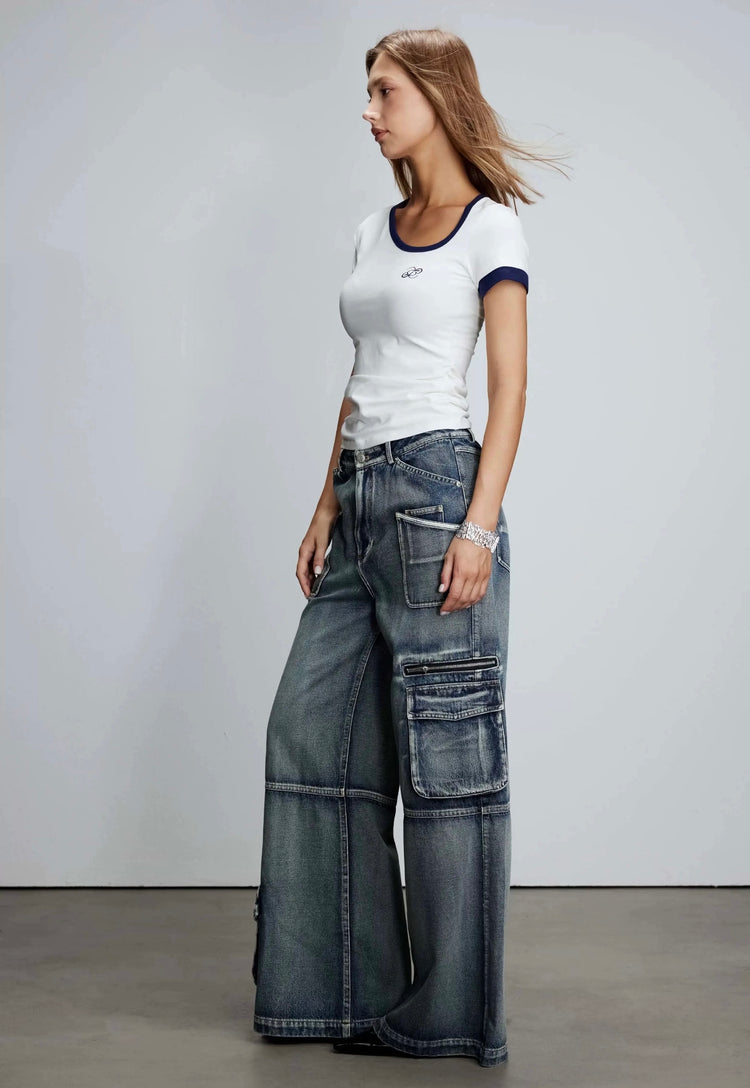Color-Block Asymmetrical Neckline T-Shirt