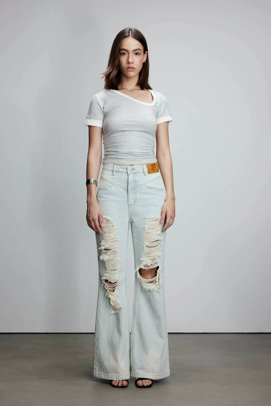 Color-Block Asymmetrical Neckline T-Shirt