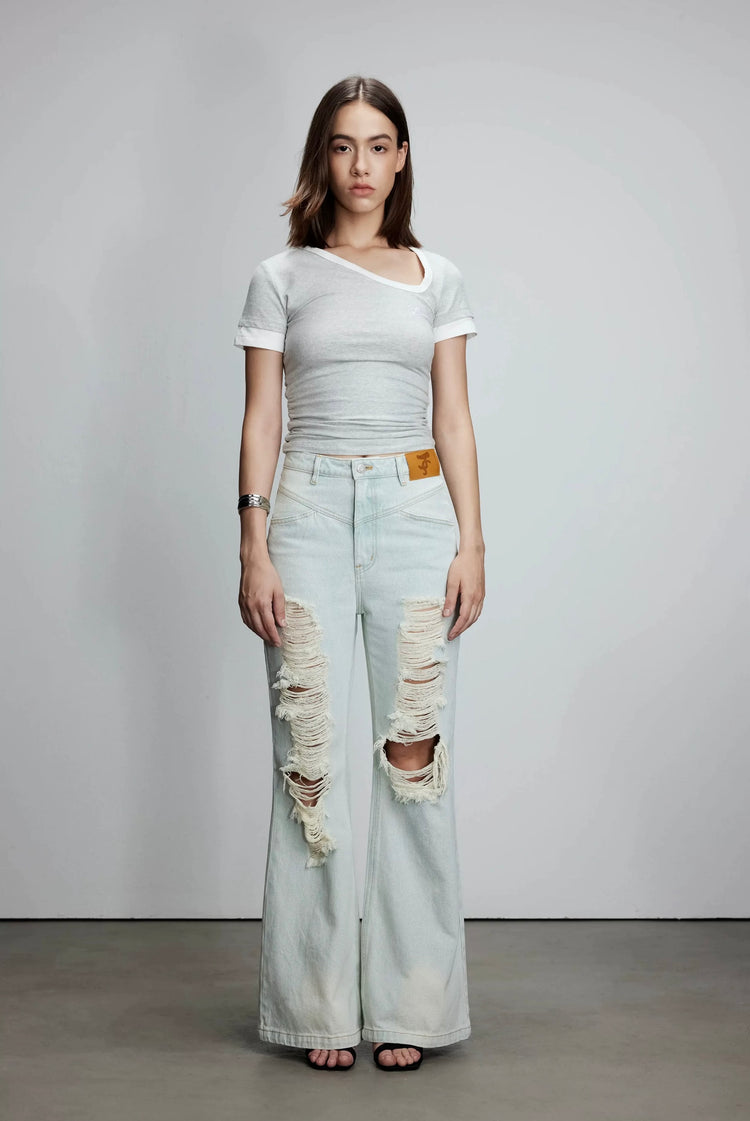 Color-Block Asymmetrical Neckline T-Shirt