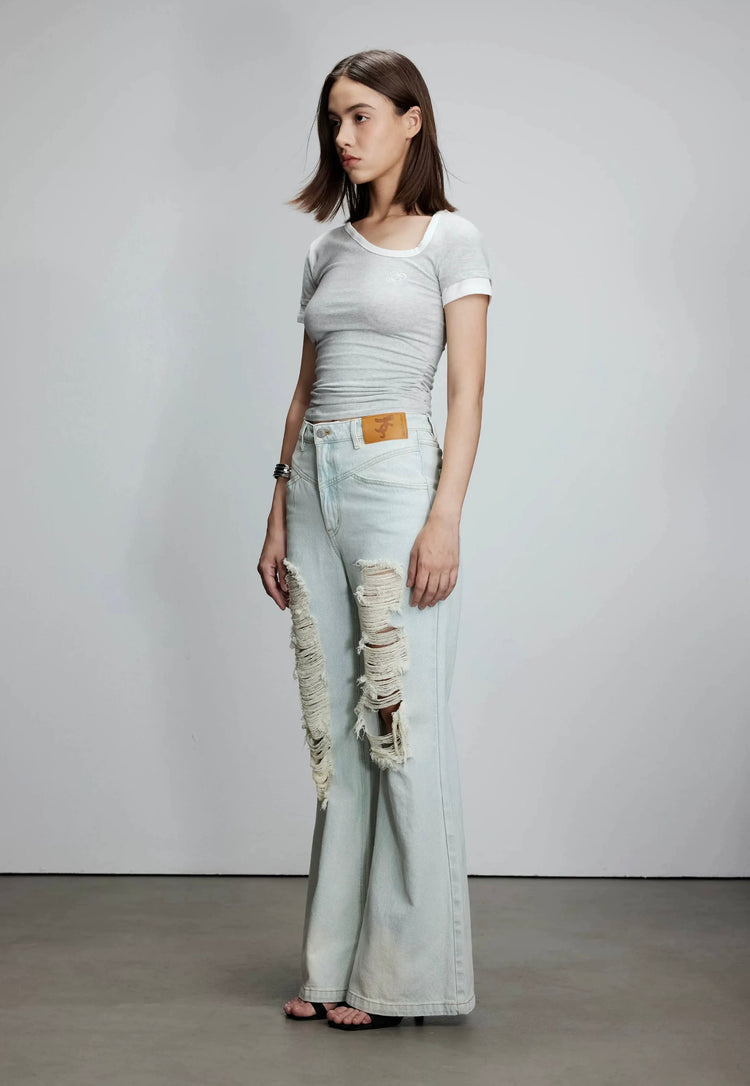 Color-Block Asymmetrical Neckline T-Shirt