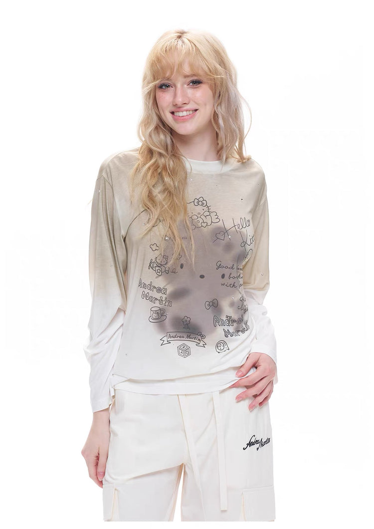 Spray Print Kitty Long Sleeve T-Shirt