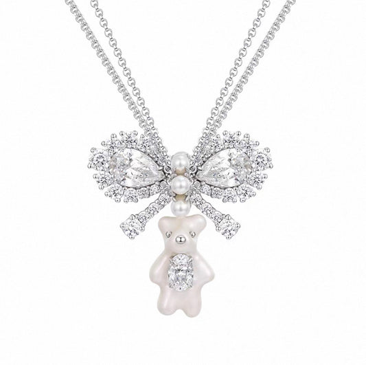 Gemstone Bow Pearl Glow Bear Necklace