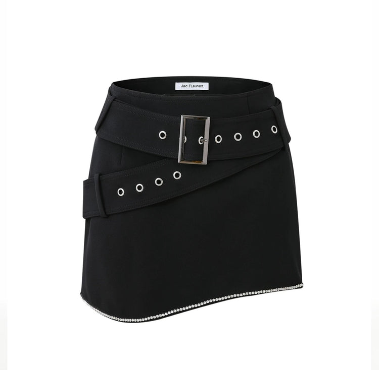 Curved Hemline Rhinestone-embellished Waist Belt Skirt