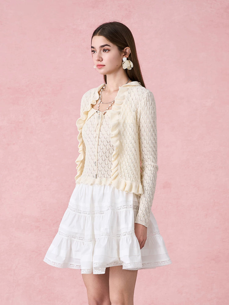 V-neck Cutout Ruffled-trim Knit Cardigan