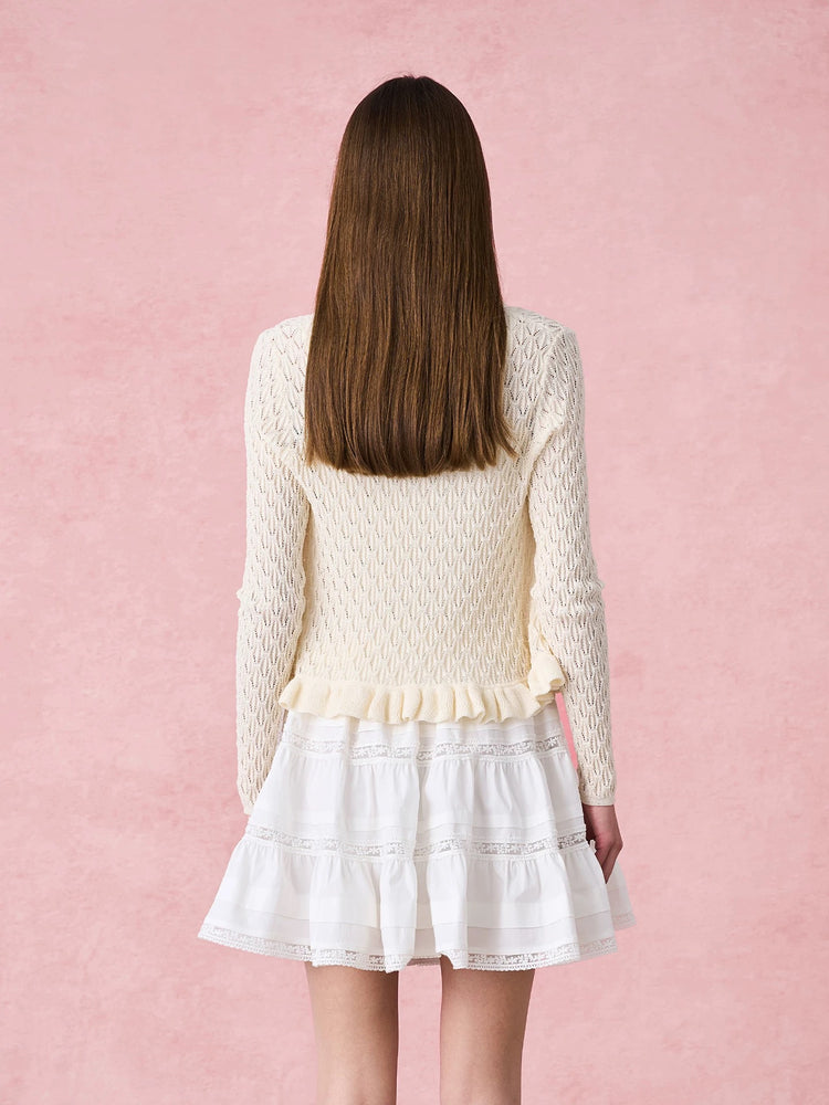 V-neck Cutout Ruffled-trim Knit Cardigan