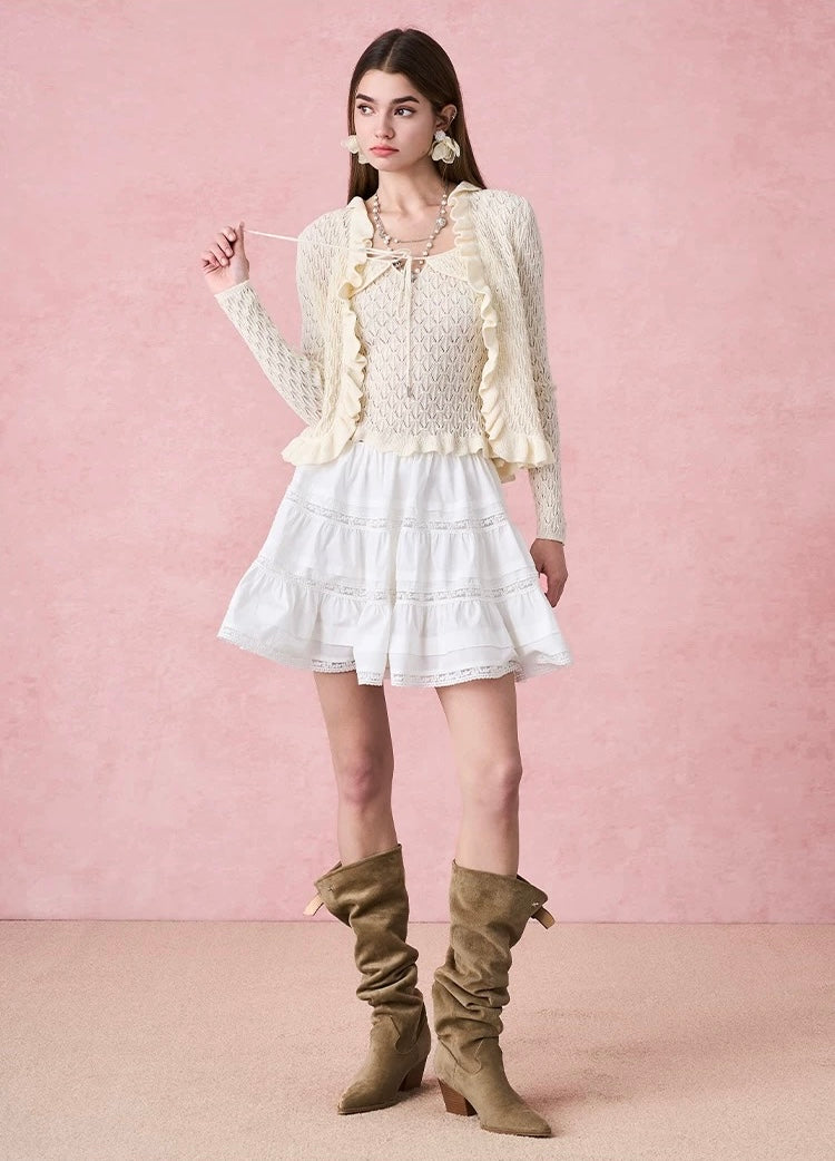 V-neck Cutout Ruffled-trim Knit Cardigan