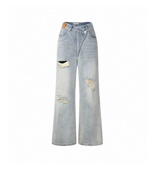 Asymmetrical Waist Ripped Jeans