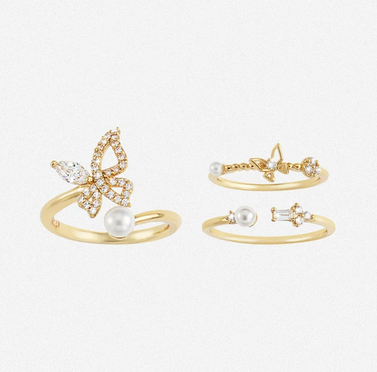 Butterfly Pearl Three-Piece Ring Set