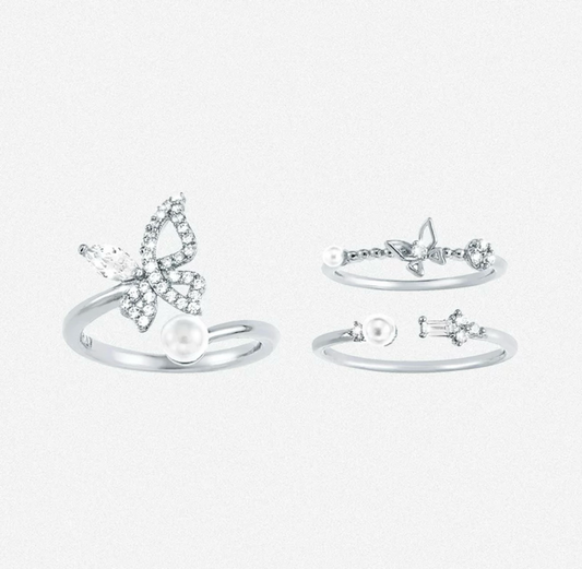 Butterfly Pearl Three-Piece Ring Set