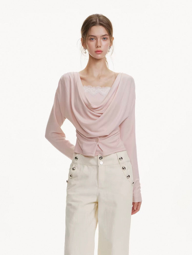 Layered Cowl Neck Lace Ruffle Top