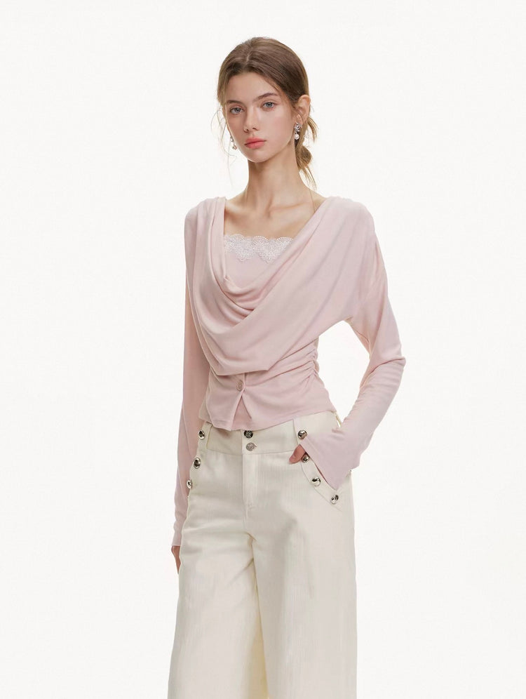 Layered Cowl Neck Lace Ruffle Top
