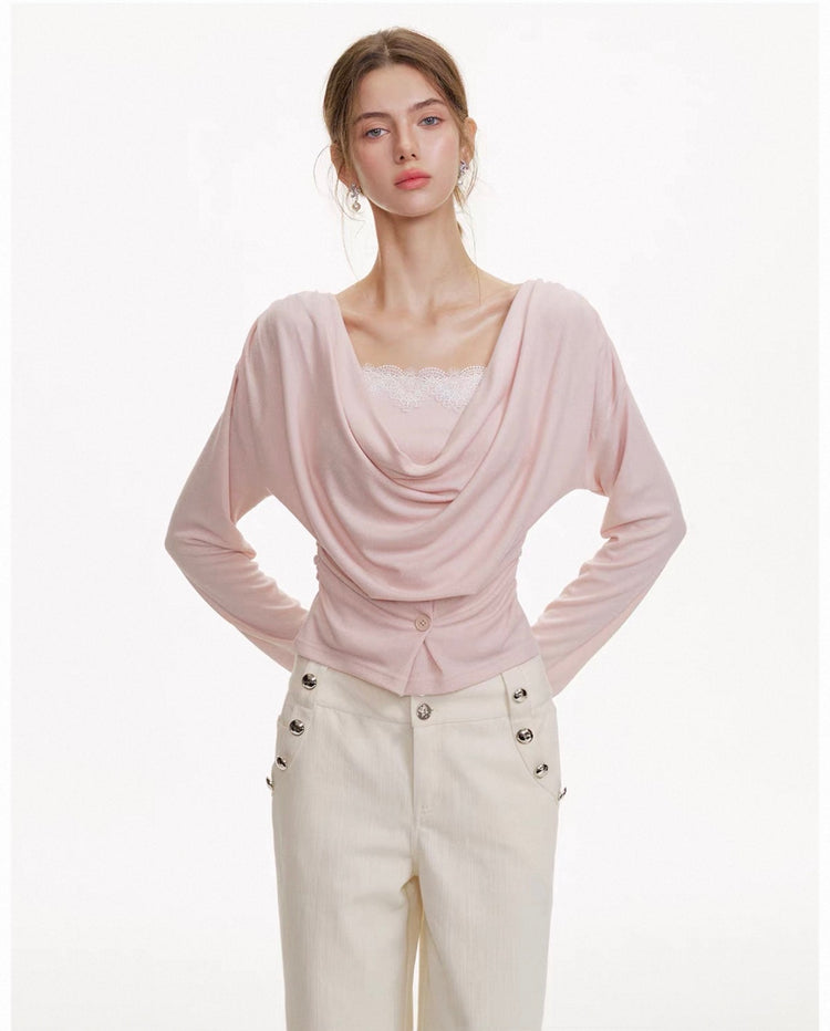Layered Cowl Neck Lace Ruffle Top