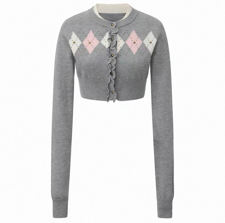 Rhinestone Diamond-Pattern Knit Cardigan