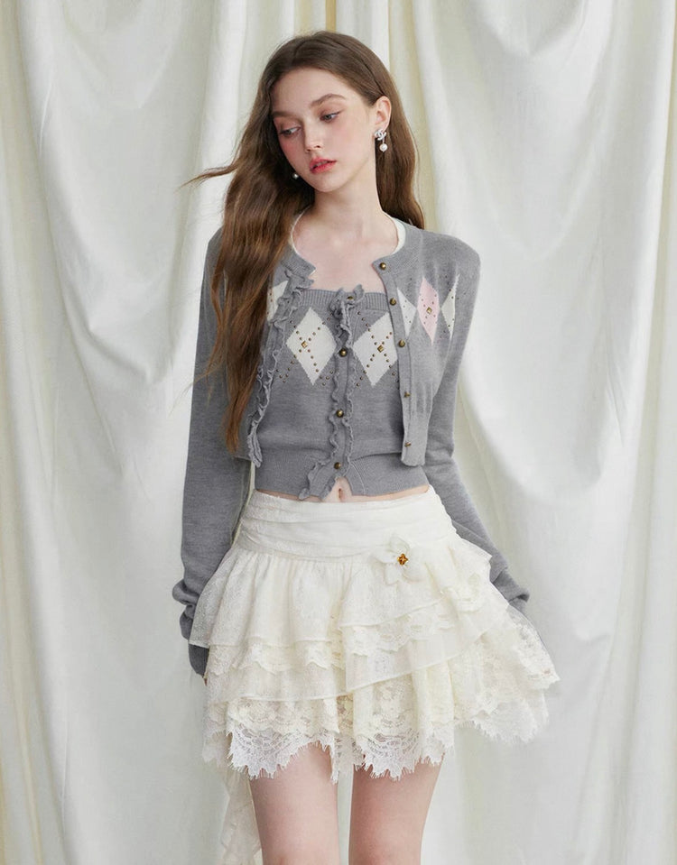 Rhinestone Diamond-Pattern Knit Cardigan