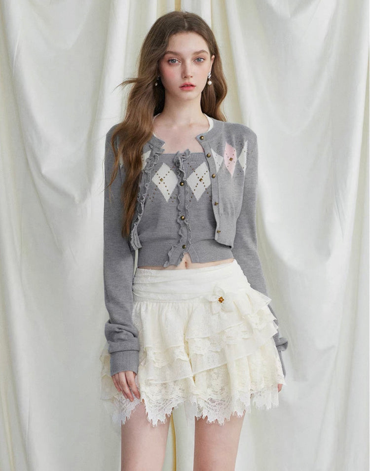 Rhinestone Diamond-Pattern Knit Cardigan