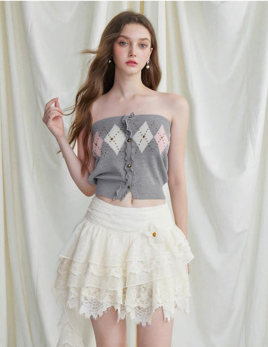 Rhinestone Diamond-Pattern Knit Tube Top