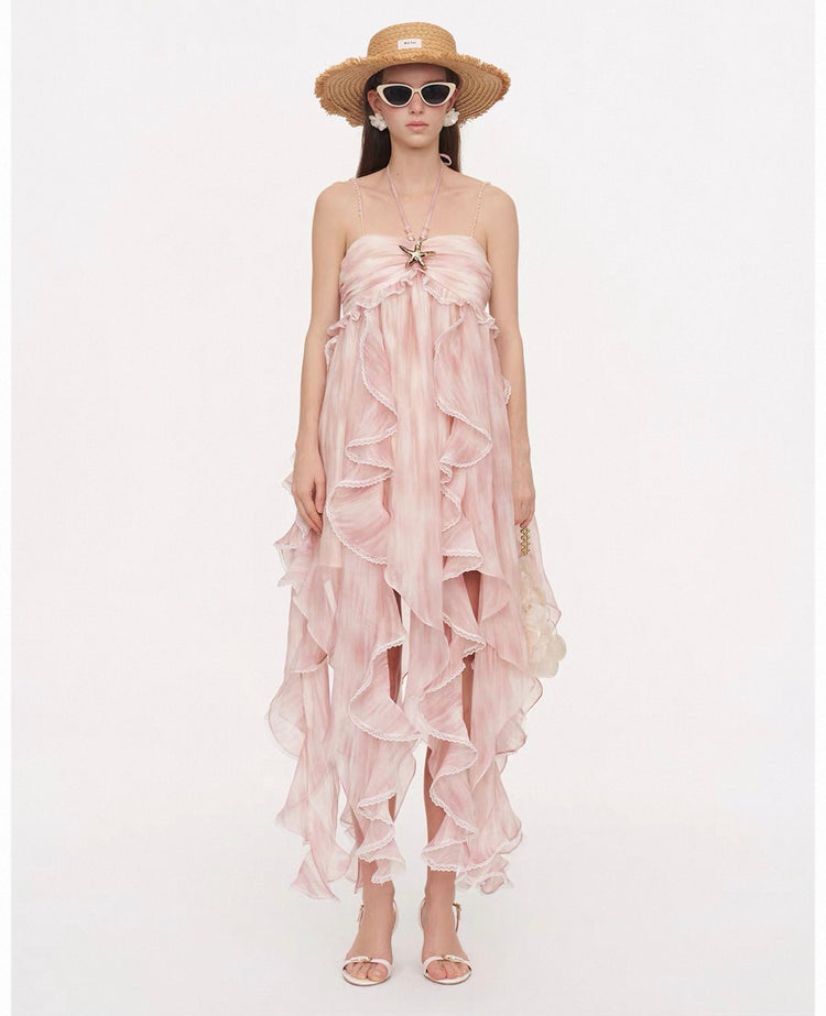 Abstract Print Asymmetric-Hem Dress