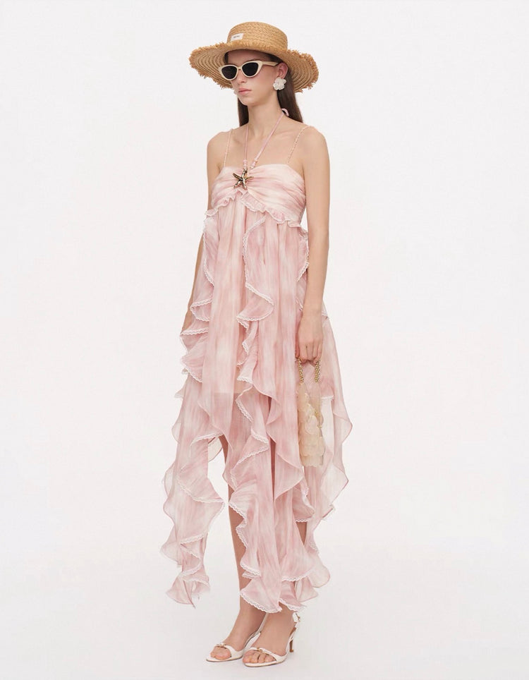 Abstract Print Asymmetric-Hem Dress