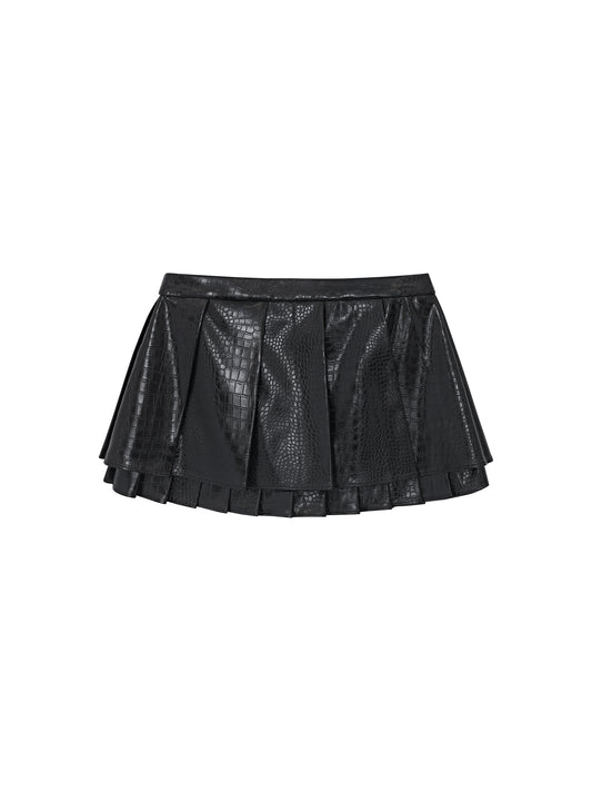 Black Pleated Faux-Leather Miniskirt