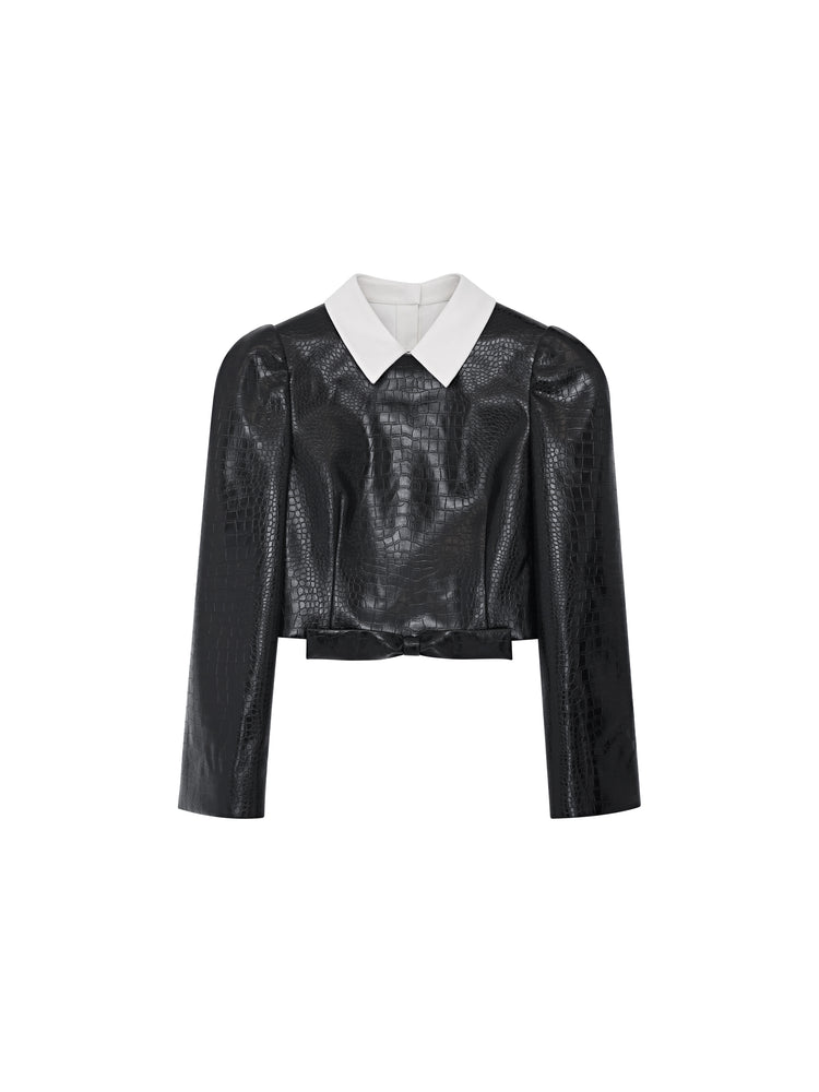 Black Bow Faux-Leather Blouse