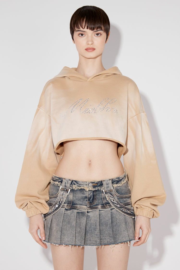 Beige Crystal Washed Cropped Hoodie