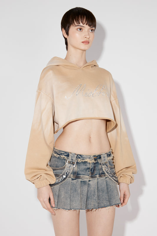 Beige Crystal Washed Cropped Hoodie